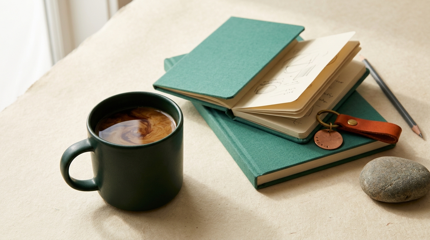 Campus notebook, coffee, and residence-hall keys.