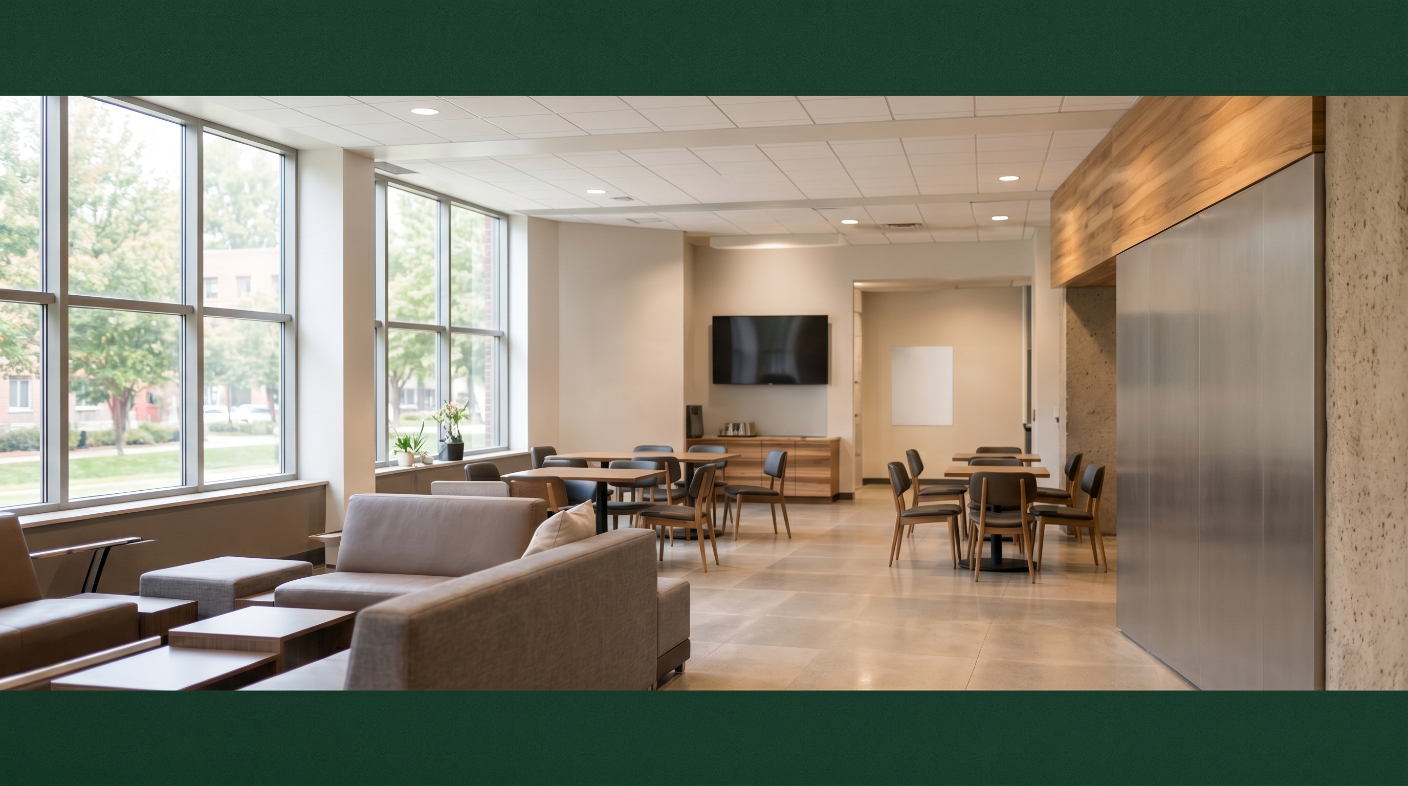 Editorial wide-angle photo of a sunlit college student union interior with cafe seating, tall windows, and students walking through in soft focus.
